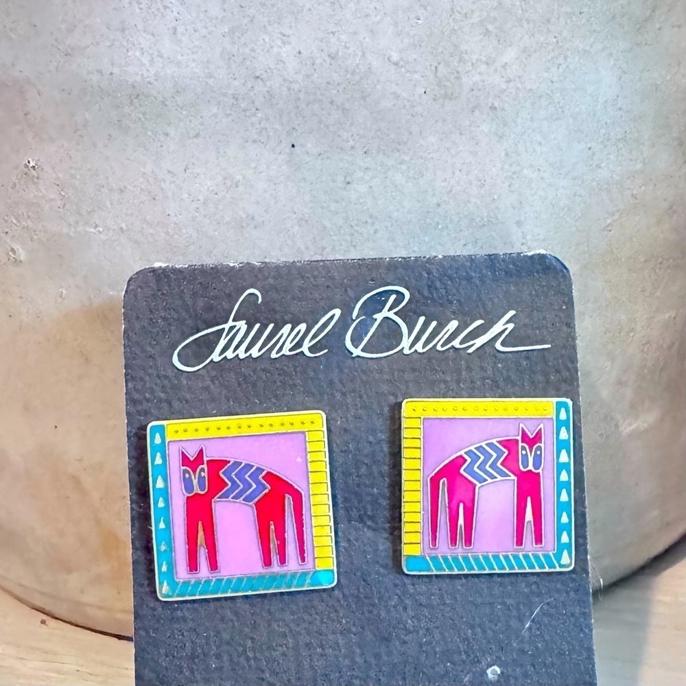 Laurel Burch Hieroglyphic Cat Vintage 1980’s Earrings & Cat Pin- See Description